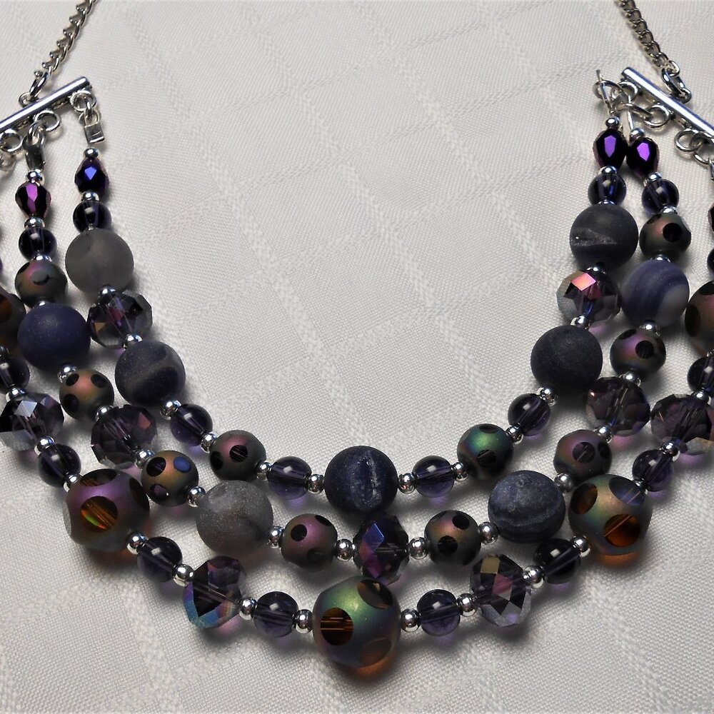No377 Beautiful handmade statement  necklace with rows of glass and earrings